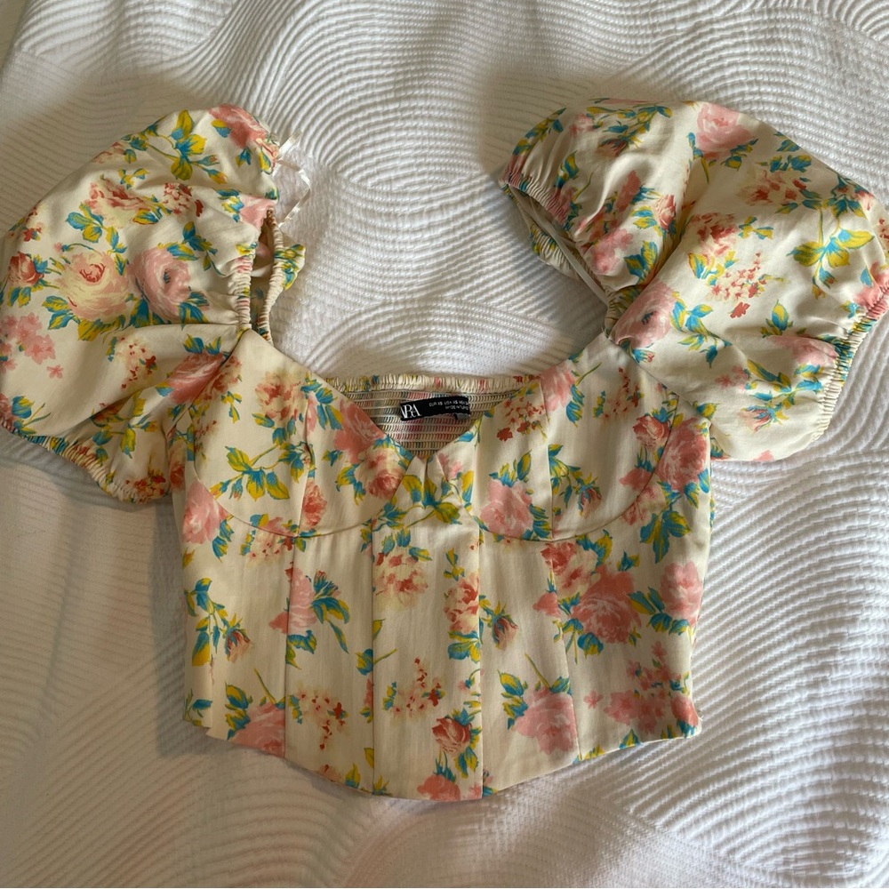 Zara Floral Puff Sleeve Bustier Corset Top - Yellow Pink XS